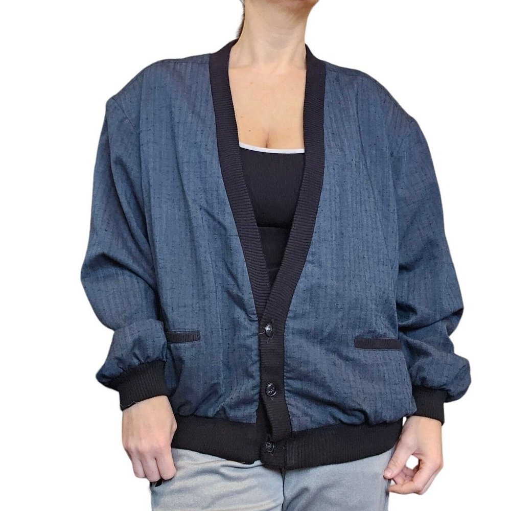 VTG 80s Mens M Blue Grandpa Cardigan Jacket Bomber Indigo Slate Business Casual